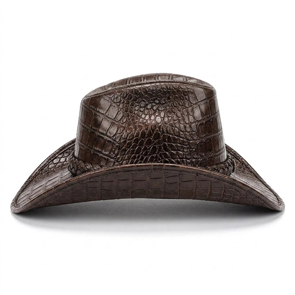 Brown Croc Embossed Leather Cowboy Hat Western Wide Brim Rodeo Ranch Country