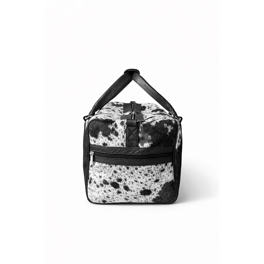 HairOn Cowhide Black and White Duffle Bag  Handmade Leather Weekender