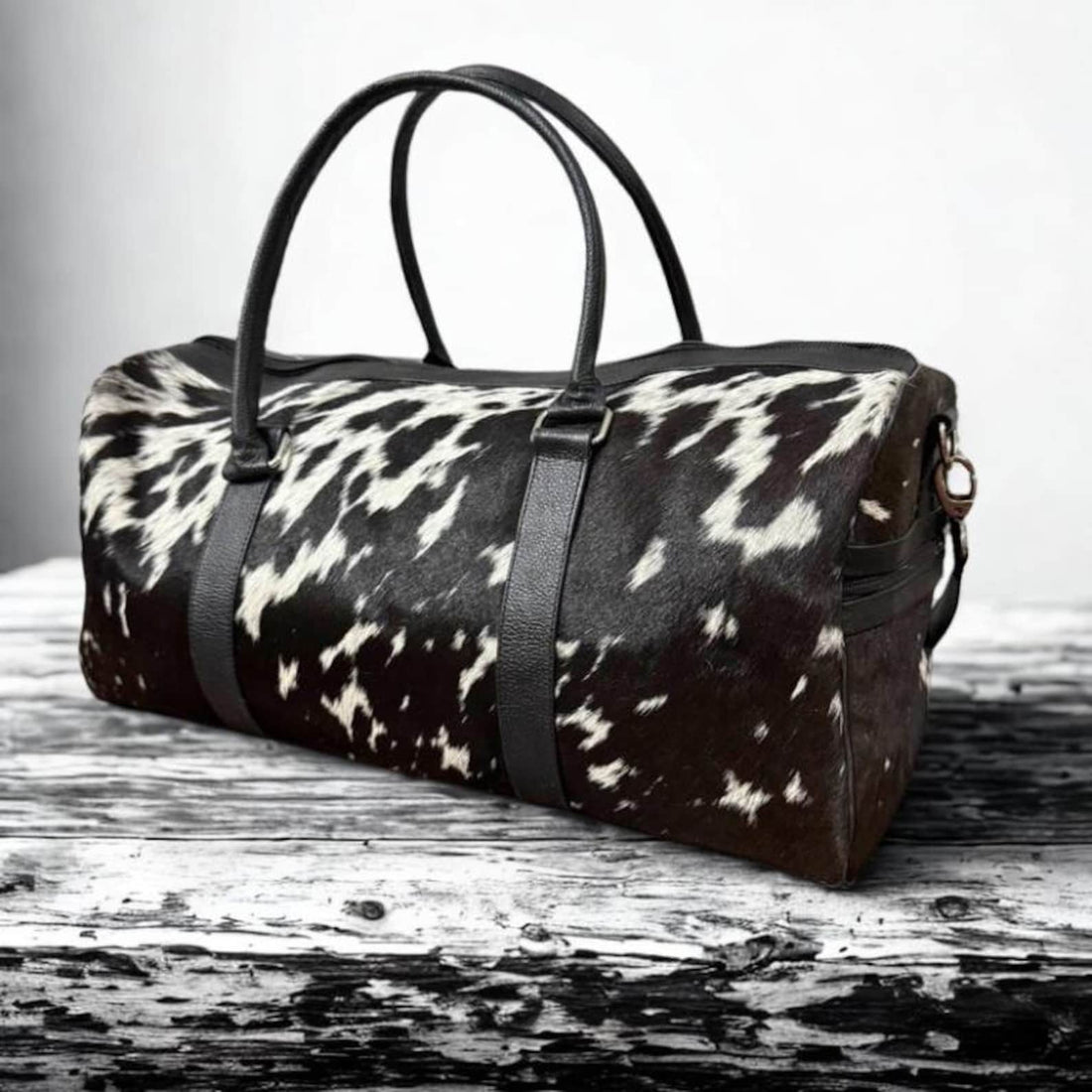 Black and White Cowhide Duffle Bag Handmade Hair on Leather Weekender Rustic Western Travel Bag