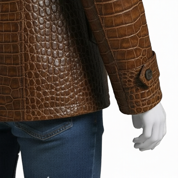 Embossed Brown Leather Coat  Mens Double Breasted Jacket
