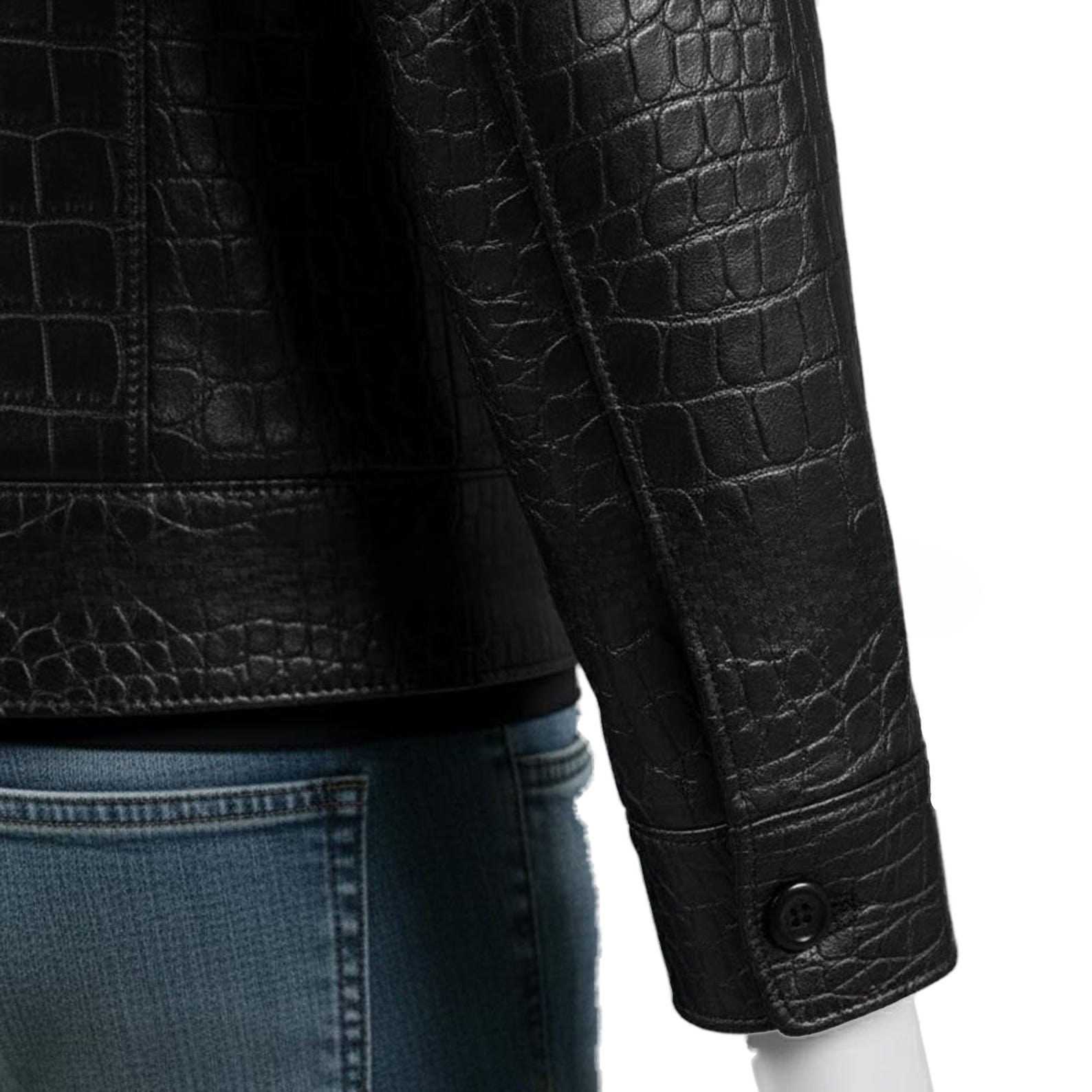 Mens Black Crocodile Embossed Genuine Leather Jacket  Slim Fit