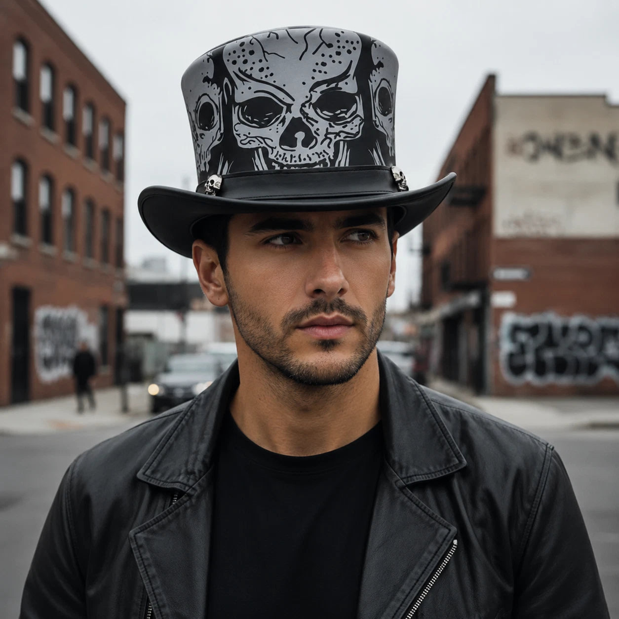 Black Genuine Leather Skull Top Hat Silver Gothic Steampunk WesternCowboy Unisex