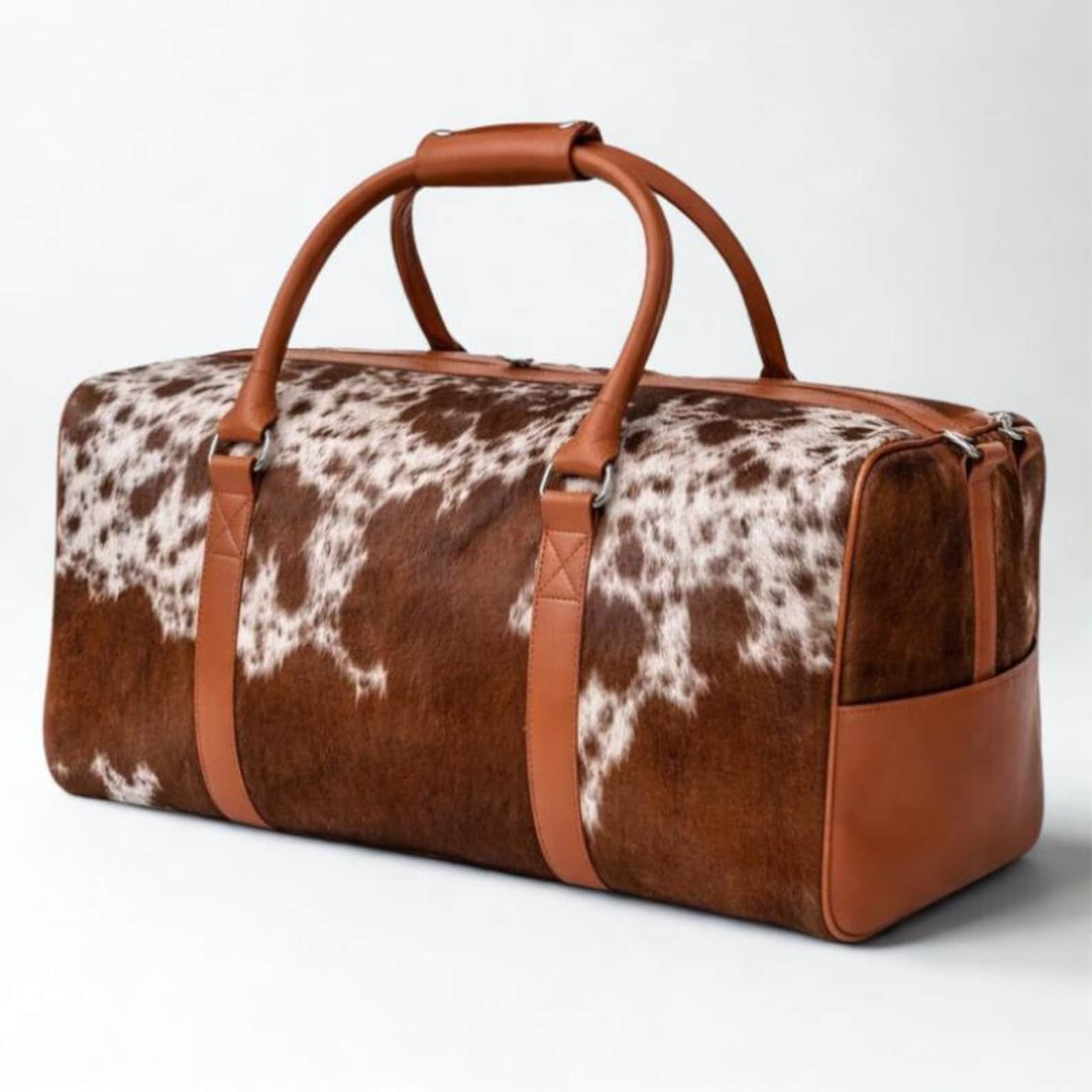 Tan  White Hair On Cowhide Duffel Bag  Handmade Leather Weekender