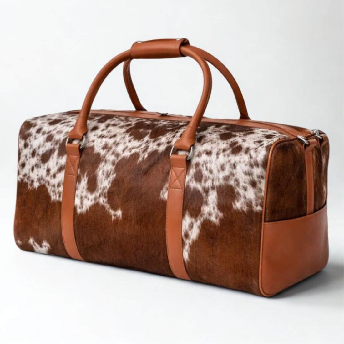Tan  White Hair On Cowhide Duffel Bag  Handmade Leather Weekender