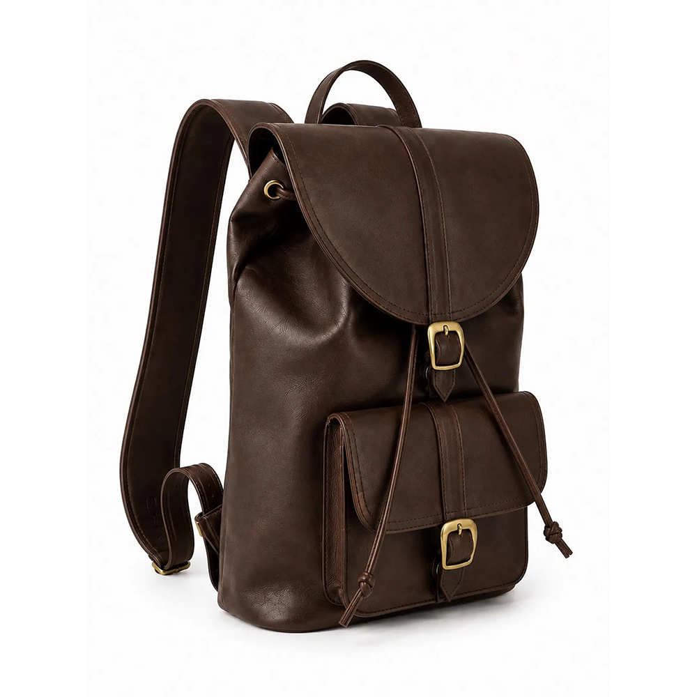 Chocolate Brown Leather Backpack, Vintage Rustic Travel Rucksack, Brass Buckle Daypack