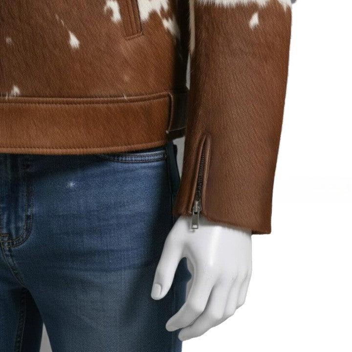 Mens Chestnut Brown Zip Leather Jacket with Speckled Contrast Panels   Refined Casual Outerwear