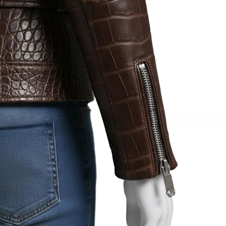 Embossed Brown Leather Moto Jacket  Asymmetrical Zip Belted Waist