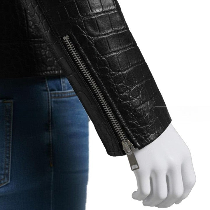 Mens Black Crocodile Embossed Leather Jacket  Genuine Leather Biker Jackets  Handmade Luxury Coat