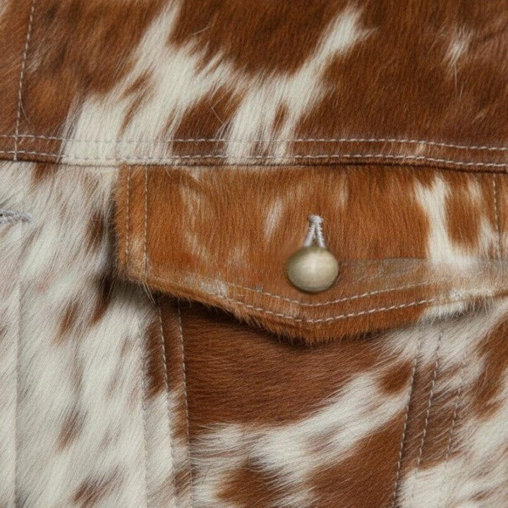 Mens Hair On Cowhide Trucker Jacket  Rust Brown  Ivory Western Outerwear