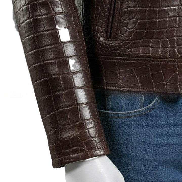 Mens Croc Embossed Genuine Leather Jacket  Slim Fit Stand Collar