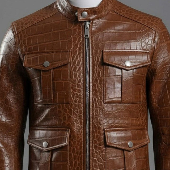 Mens Brown Crocodile Embossed Genuine Leather Jacket