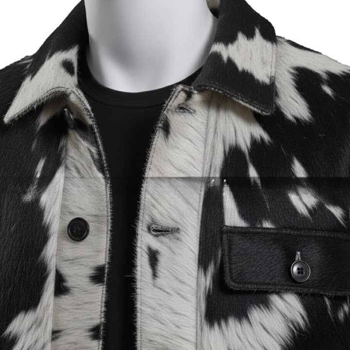Mens Black and White Hig Contrast Pattern Leather Jacket with Front Buttons  Modern Casual Outerwear