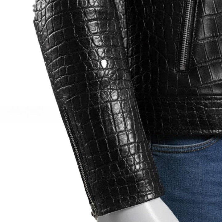 Mens Black Crocodile Embossed Leather Jacket  Genuine Leather Biker Style Handmade Jackets
