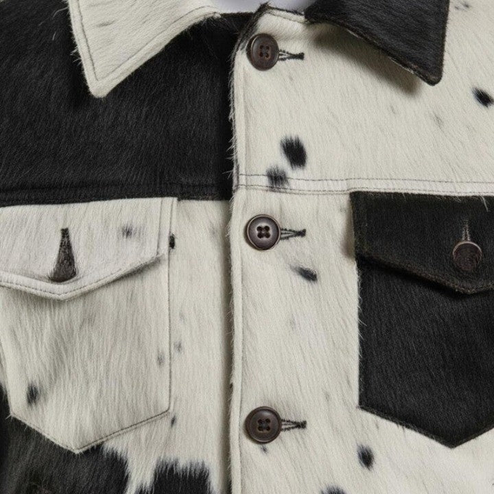 Mens Hair On Cowhide Trucker Jacket  Black  White Western Style