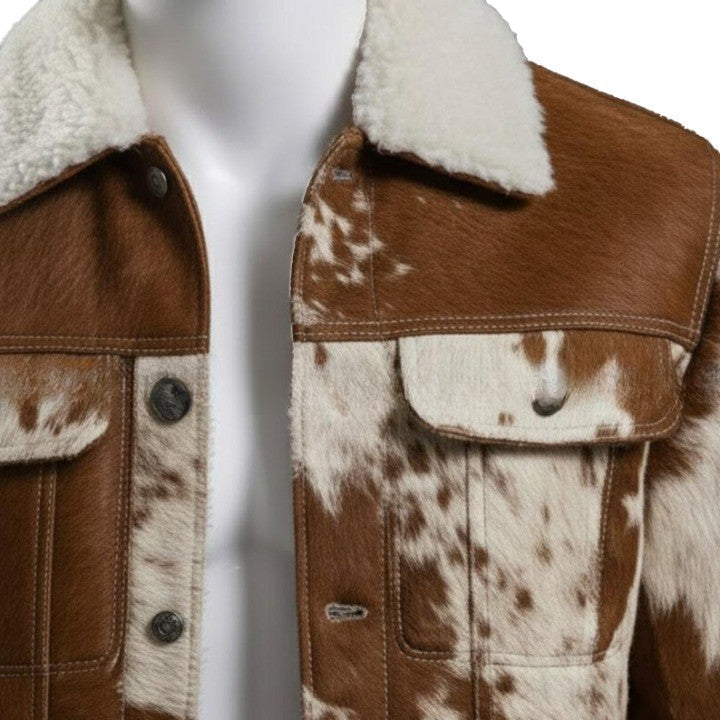 Mens Brown  Cream Cowhide Style Leather Jacket  Handmade Pathwork Western Jacket