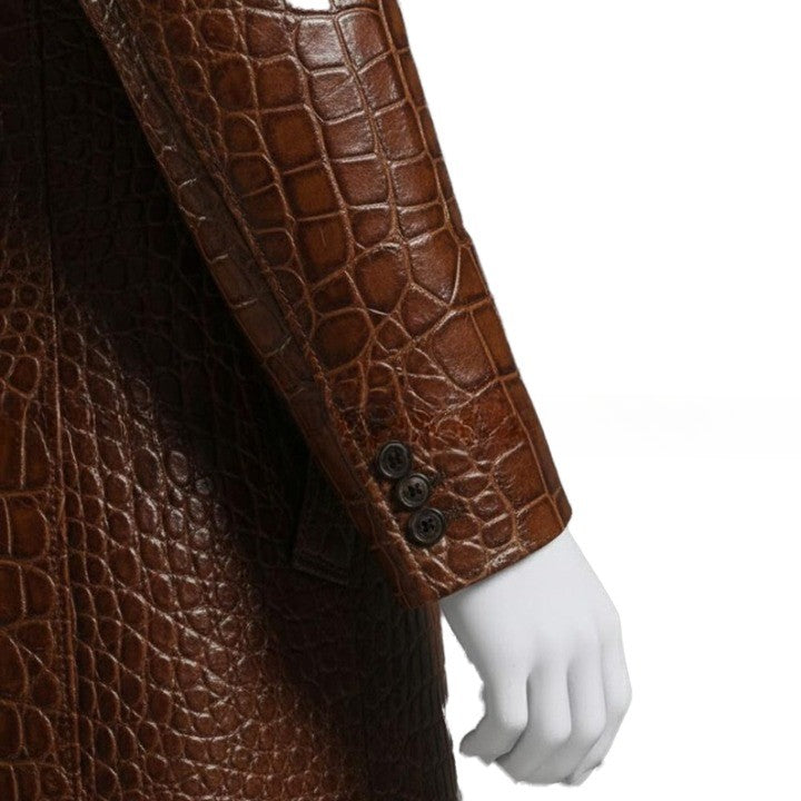 Mens Brown Croc Embossed Coat  Genuine Leather Button Front Jacket  Handmade Long Leather Outerwear