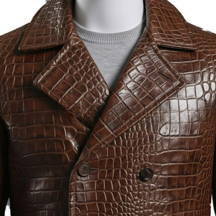 Embossed Brown Leather Peacoat  Mens Double Breasted Jacket