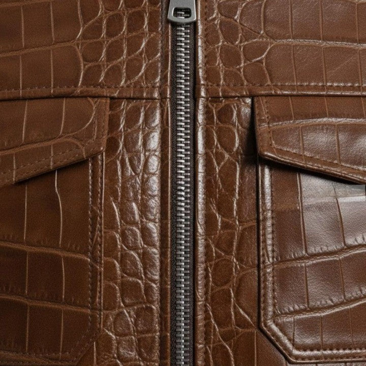 Mens Crocodile Embossed Leather Bomber Jacket  Genuine Leather Aviator Coat