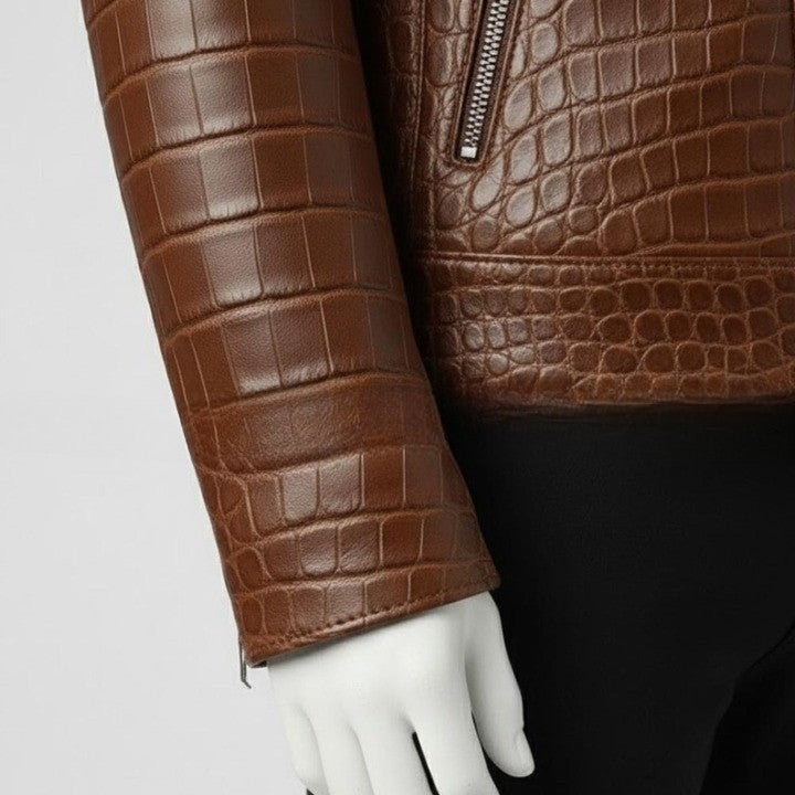 Mens Brown Croc Embossed Leather Jacket  Slim Fit Stand Collar