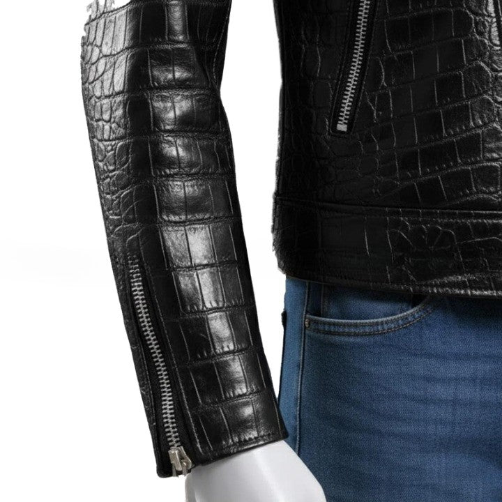 Mens Black Crocodile Embossed Leather Biker Jacket  Genuine Leather Motorcycle Moto Jackets Handmade