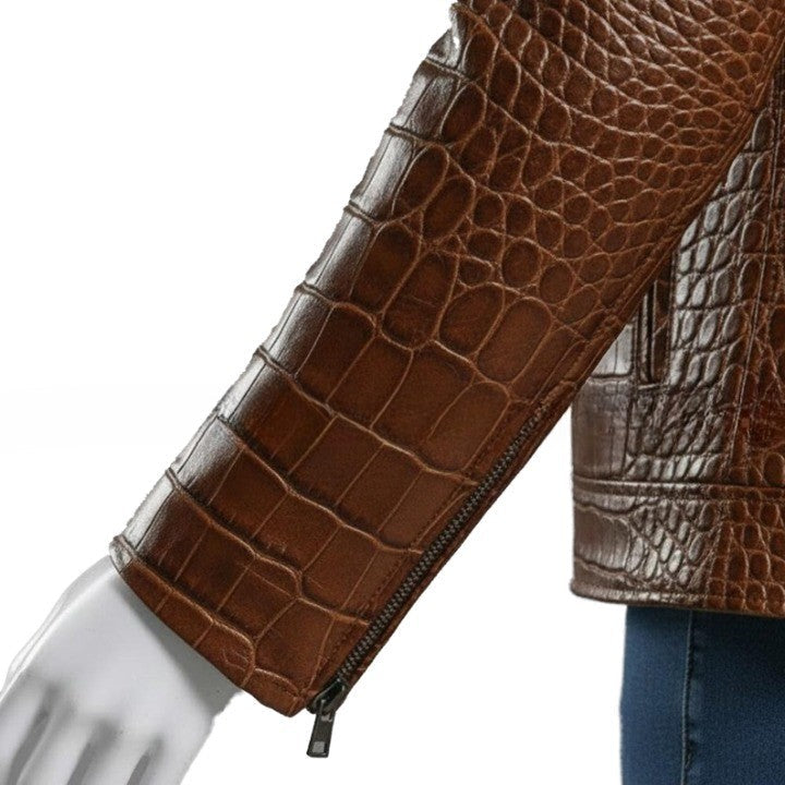 Embossed Brown Leather Jacket Men  Genuine Leather Stand Collar