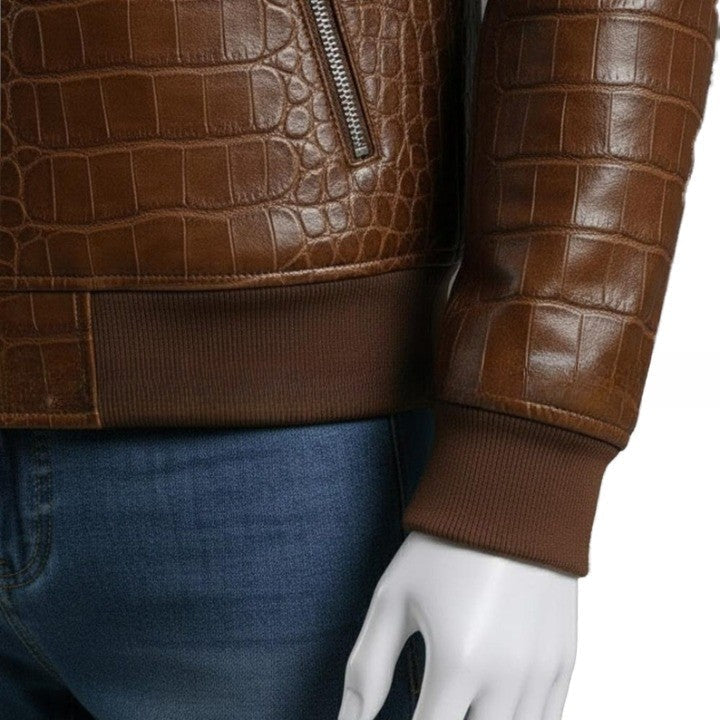 Mens Brown Croc Embossed Genuine Leather Bomber Jacket