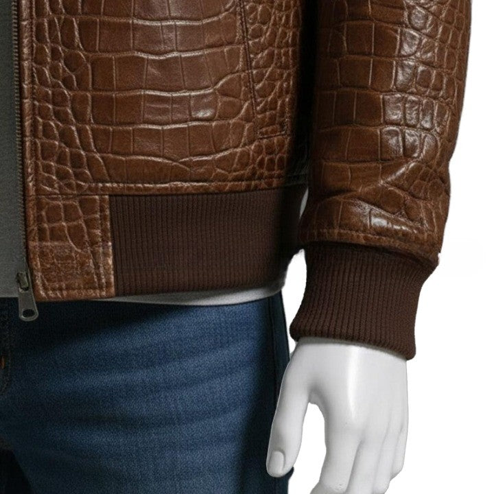 Mens Brown Croc Embossed Genuine Leather Hoodie  Biker Jacket