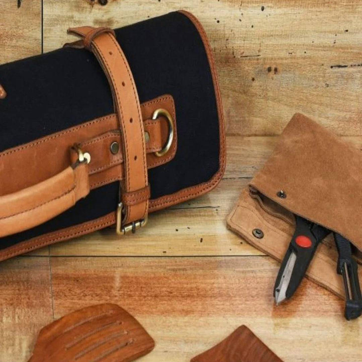Stretchable Leather Knife Roll With Detachable Shoulder Strap