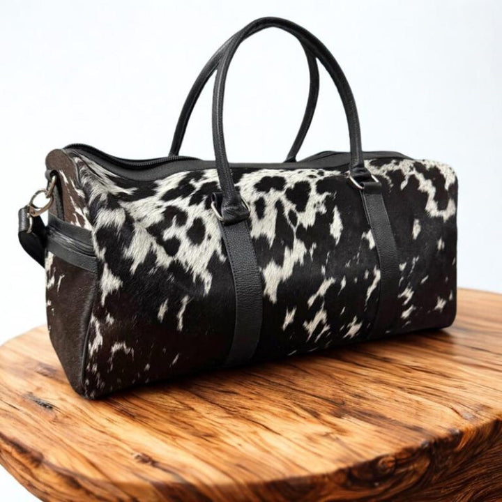 Black and White Cowhide Duffle Bag Handmade Hair on Leather Weekender Rustic Western Travel Bag