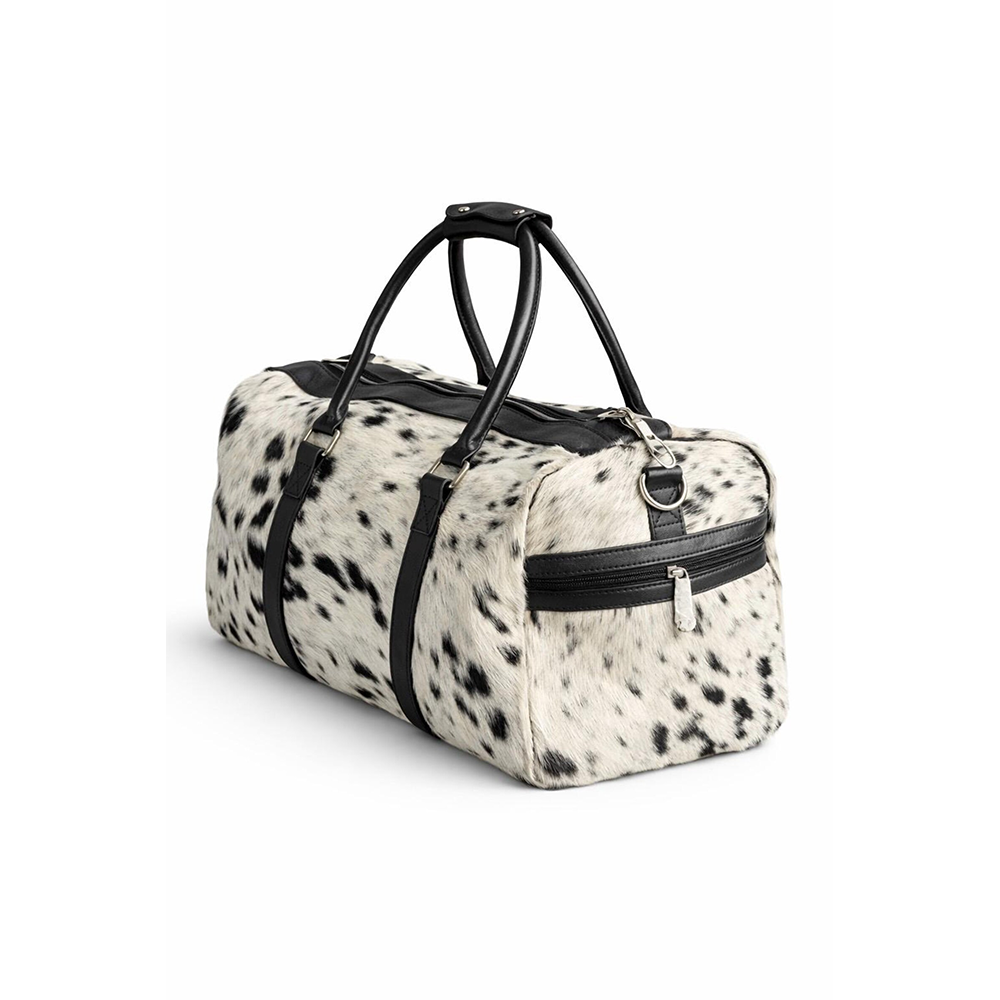 HairOn Cowhide Black and White Duffle Bag  Handmade Leather Weekender3