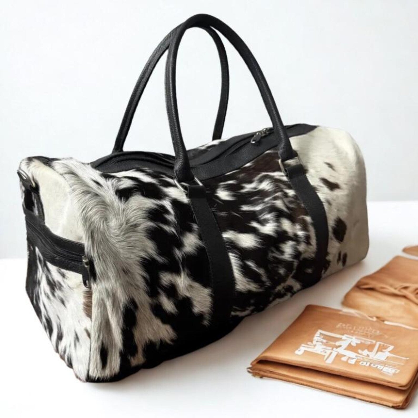 Black  White Cowhide Duffle Bag Handmade Western Weekender