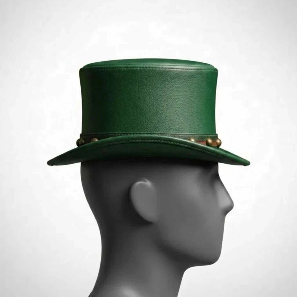 Genuine Leather Steampunk Top Hat Green Studded Band Gothic Mad Hatter S
