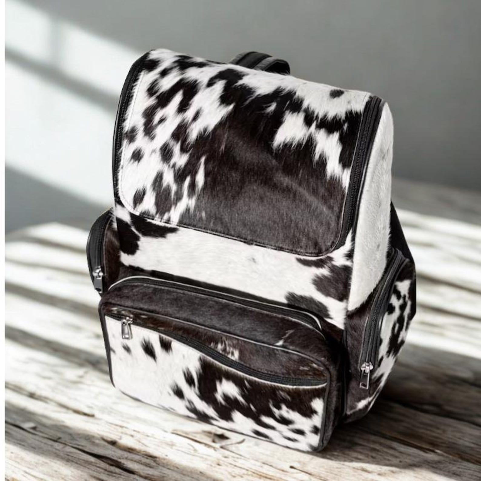 Handmade Genuine Cowhide Backpack, Black White Spotted Leather Rucksack
