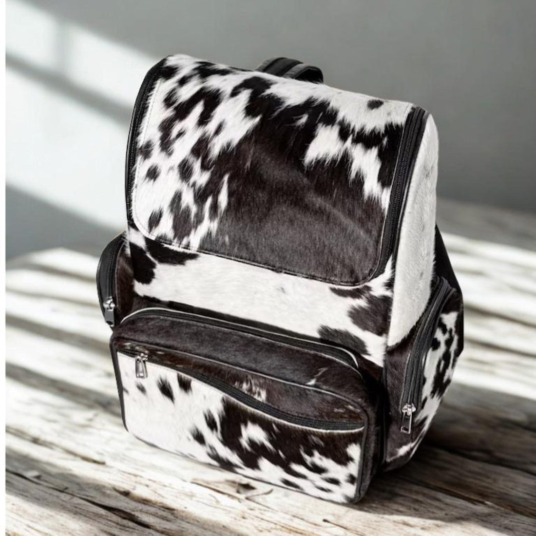 Handmade Genuine Cowhide Backpack, Black White Spotted Leather Rucksack