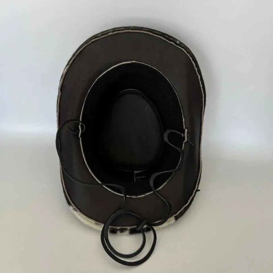 Mens Cowhide Leather Cowboy Hat Spotted Brown Braided Band Western Steampunk