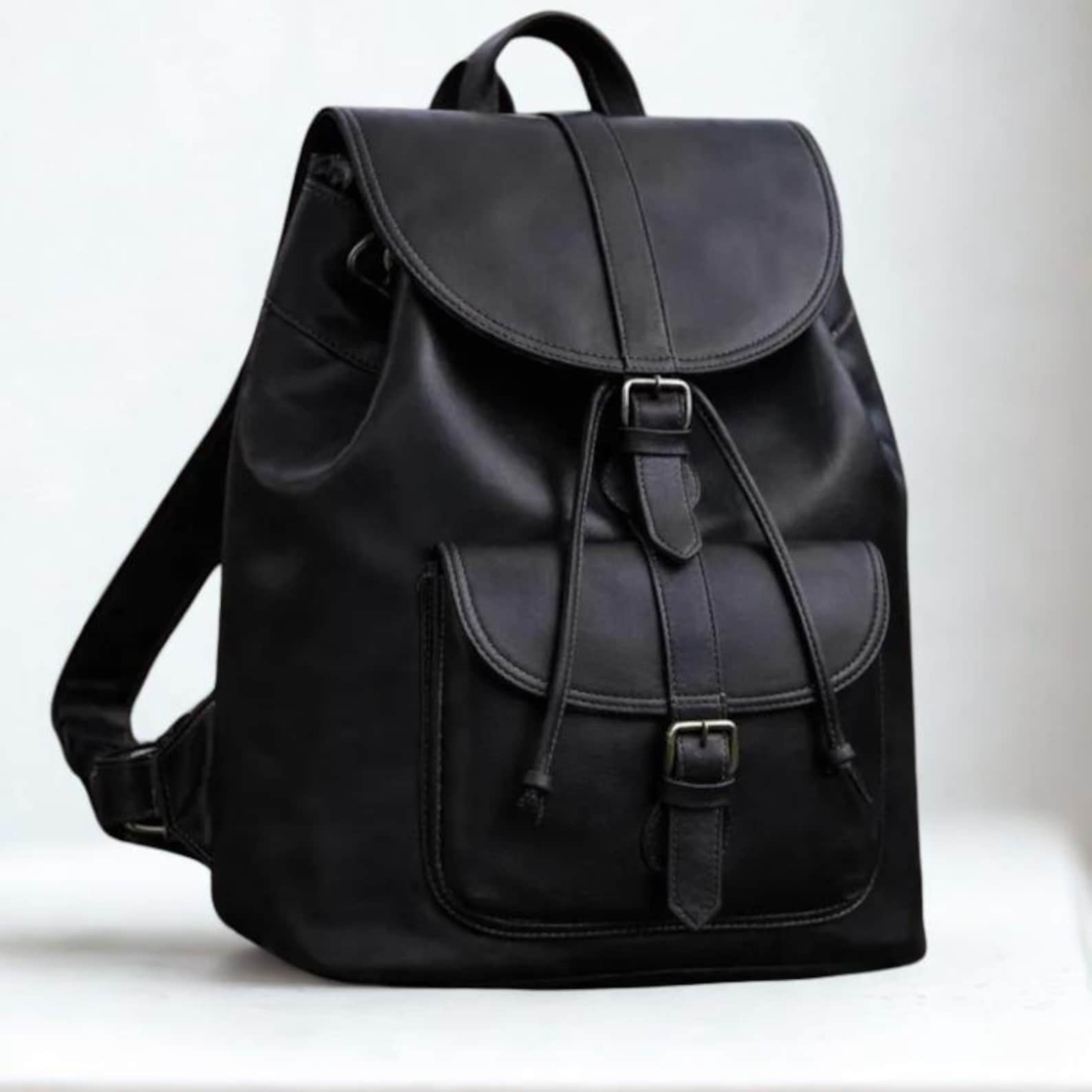 Handmade Full Grain Leather Backpack Black Rucksack White Stitch Vintage Laptop Bag