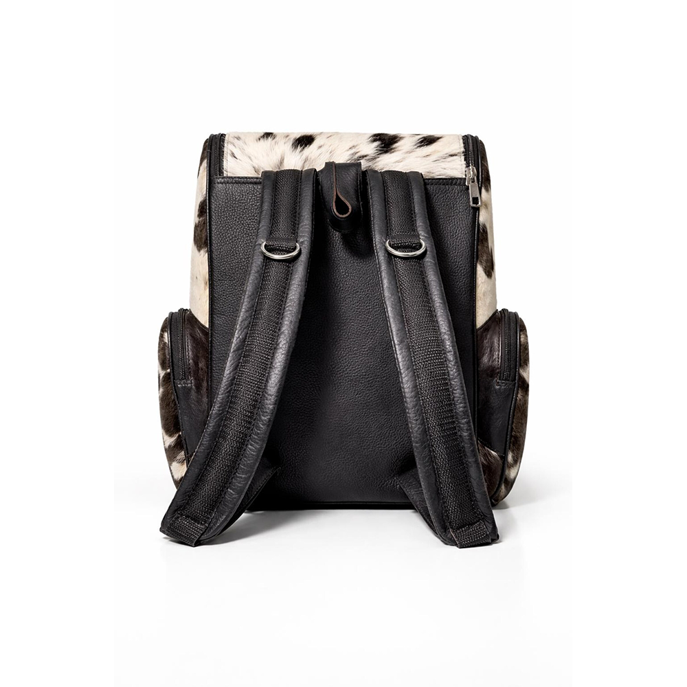Handmade Genuine Cowhide Backpack  Black & White Spotted Leather Backpack  Large Western