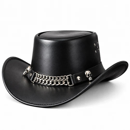 Mens Black Leather Cowboy Hat Chain Band Western Steampunk Gothix