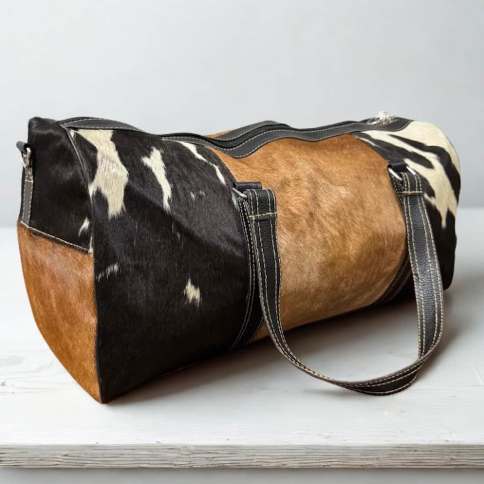 Hair On Cow hide Leather Duffle Bag Handmade Weekender Travel Bag