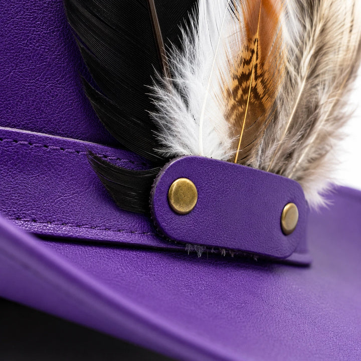 Purple Genuine Leather Top Hat Steampunk Gothic Victorian Mad Hatter Feather