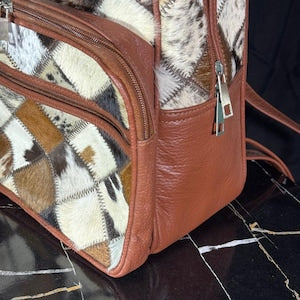 Handmade Cowhide Leather Backpack Patchwork Hair on Hide Rucksack