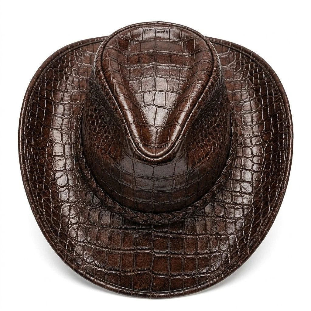 Brown Croc Embossed Leather Cowboy Hat Western Wide Brim Rodeo Ranch Country