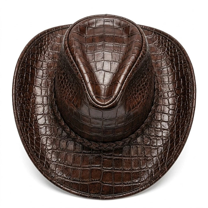 Brown Croc Embossed Leather Cowboy Hat Western Wide Brim Rodeo Ranch Country
