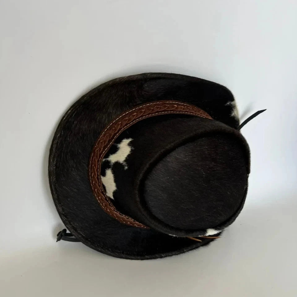 Mens Cowhide Leather Cowboy Hat Spotted Brown Braided Band Western Steampunk
