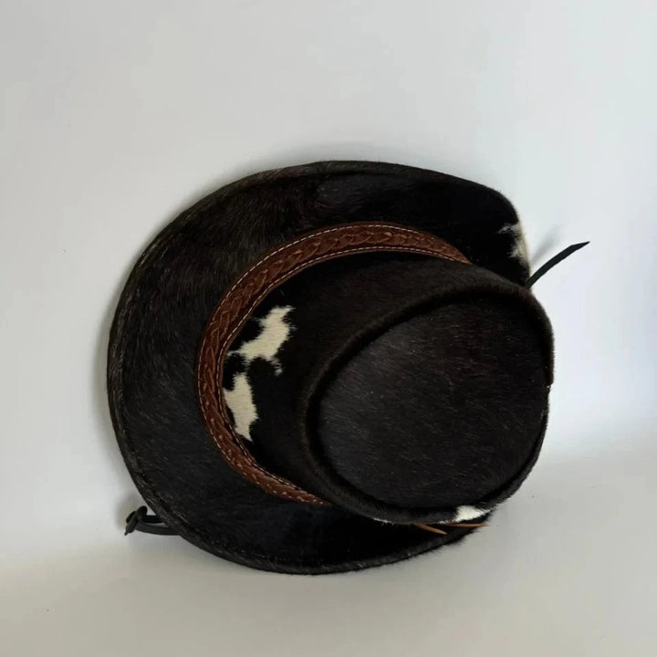 Mens Cowhide Leather Cowboy Hat Spotted Brown Braided Band Western Steampunk