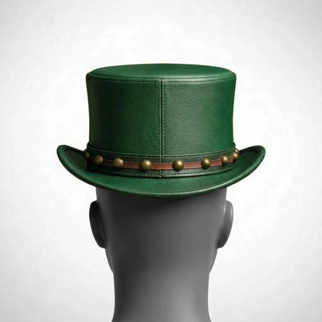Genuine Leather Steampunk Top Hat Green Studded Band Gothic Mad Hatter S