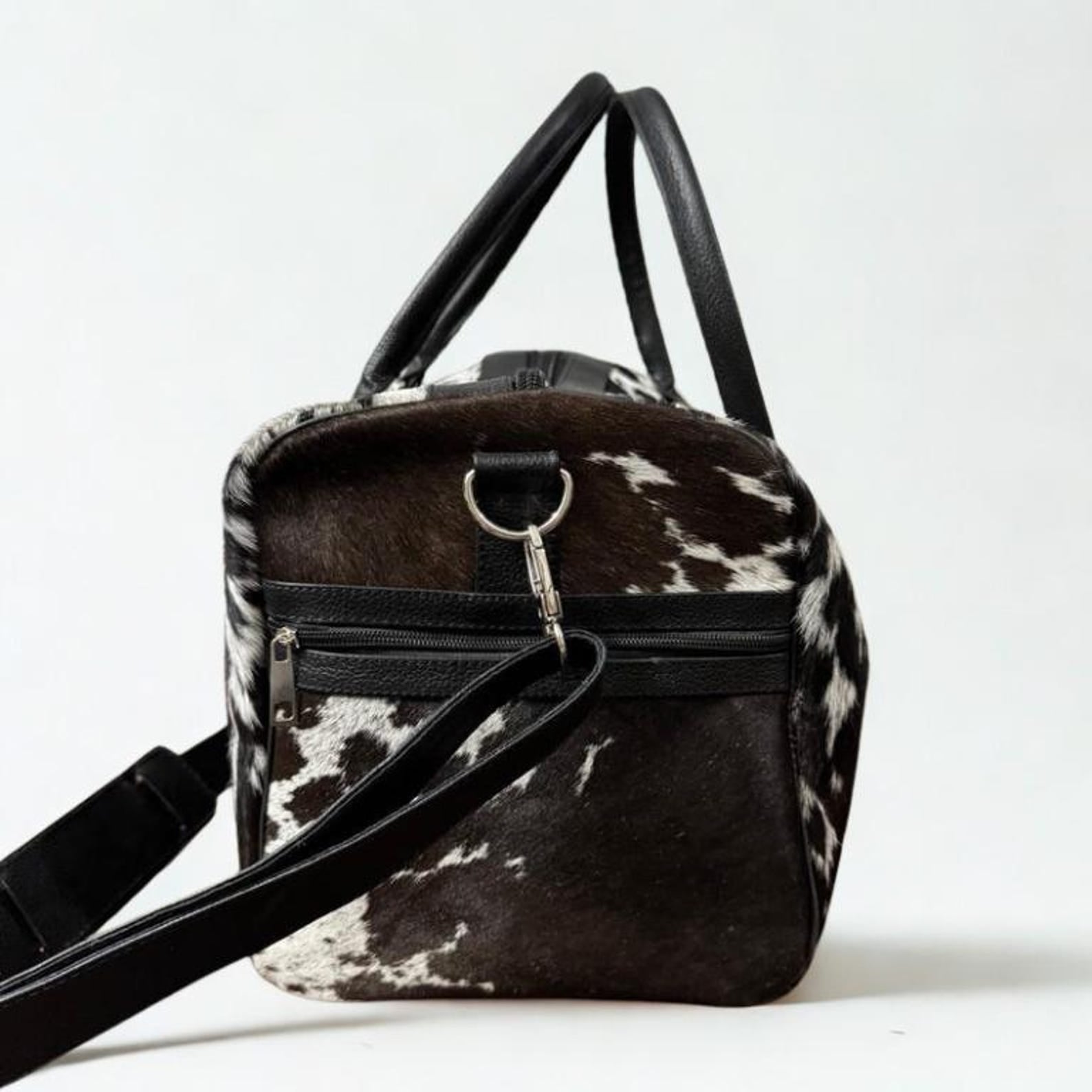Black and White Cowhide Duffle Bag Handmade Hair on Leather Weekender Rustic Western Travel Bag