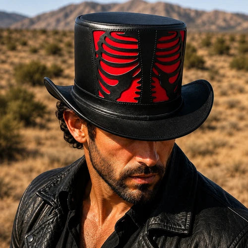 Black Red Leather Skeleton Rib Cage Top Hat Gothic Steampunk Biker Costum