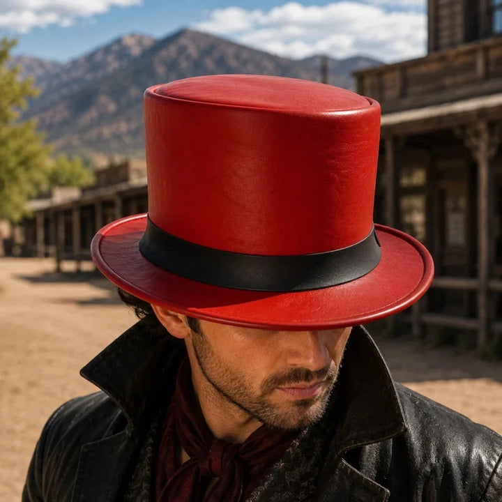 Men Women Red Leather Top Hat Steampunk Gothic Victorian Halloween Costume