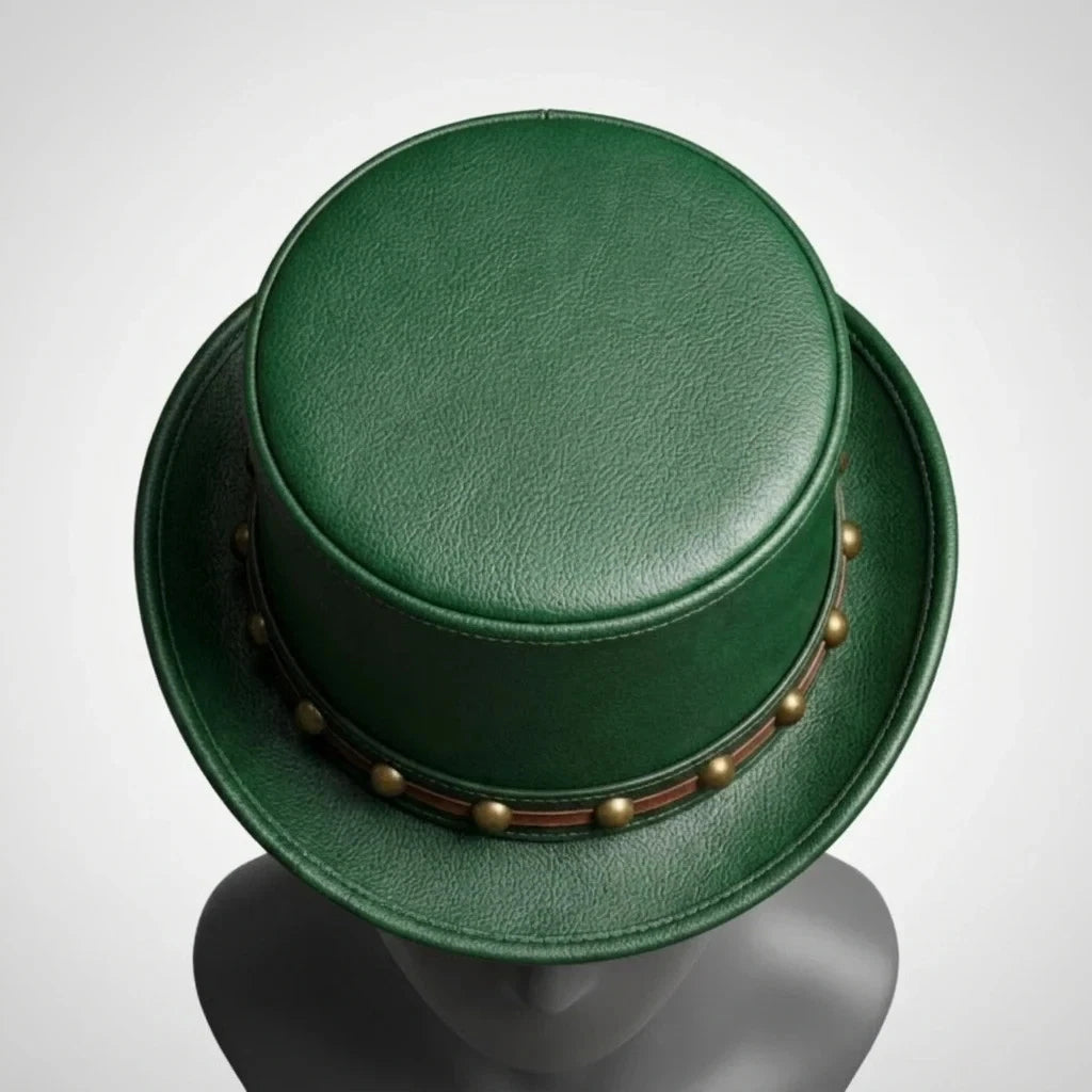 Genuine Leather Steampunk Top Hat Green Studded Band Gothic Mad Hatter S